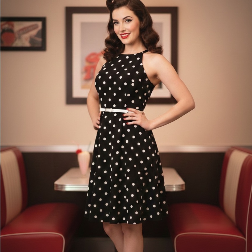 Black and White Polka Dot vintage Dress with white belt - size 12